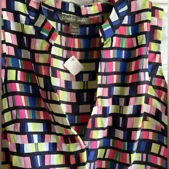 Charlie Jade Multi-Colored Geometric Print 100% Silk Tank Top Size S/ P Soft - Picture 3 of 14